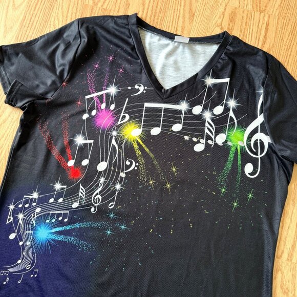 Womens Music Notes Graphic Tee Size XXL Black Rainbow Print V Neck Shirt Top - Picture 3 of 8
